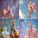 **Riding the epsilon aurigae constellation in a vast pastel star dust sky ,gold star shaped balloon stars, glitter night sky, sparkles, bokeh, pastel coloured star shaped balloon stars, star shaped balloon stars and constellation, attractive blonde woman with hollywood glitter hair, wearing a cowboy hat and sun glasses, shorts and graphic vest, reflective, glitter dust, balanced composition, skyscape, retro futurism --ar 16:9 --raw** - <@744210433703018499> (relaxed)