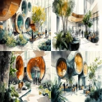 **<https://s.mj.run/Nlu3ItpiLmk> <https://s.mj.run/5Zwnb5PDQNM> an illustration using black pen and watercolour, loose sketchy watercolor and black pen illustration of a futuristic healthcare waiting room filled with plants and animals like lions and penguins walking freely where people are scanned and then led by human looking robots to individual wellness pods, the style is country farmhouse with a fireplace meets zaha hadid organic futuristic architecture highly detailed, unique --ar 16:9 --v 6.1 --s 250** - <@999895176619237436> (fast)