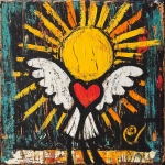 **Music graphic design block print with crayon / brushstrokes. Depicting an image of angel love, sun shining down. The overall style is very abstract and minimalist tribal with a lot of energy --v 6.1** - Image #1 <@1175766308323864687>
