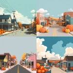 **simple flat illustration of a of a small town in the fall. With a street going down little shops. Same vibes as Gilmore Girls. some pumpkins in the background. Composition mostly sky. bright fall colours. --v 7.0** - <@1183849741679861822> (fast)
