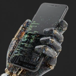 **iphone17, straight on, held by robot hand made of coding lines --v 7.0** - Image #2 <@1048326817838280714>