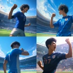 **Young Japanese male soccer player standing boldly on a green soccer field, wearing a plain solid blue soccer jersey with a single white back number, no logos or brands, clenching his fist with determination, modern stadium filled with cheering fans, bright natural daylight between morning and noon shining on the field, dynamic wind gently moving his hair and jersey, intense and brave expression on his face, cinematic atmosphere, realistic style, wide shot, no goalposts, no teammates, focus on the player’s strong stance and confident gaze --niji 6** - <@1212945075831836692> (relaxed)
-# Create, explore, and organize on [midjourney.com](<https://midjourney.com/imagine?from_discord=1>)