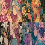 **An illustration with intense tones of a nymph in 3/4 view holding a butterfly in her hand and wearing a lily in her hair, in colorfull and anime style. --ar 16:9** - <@1068240844349509652> (fast)