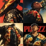 **magazine cover of "PIZZAZZ" featuring an analog shot of minimal male model in handsome black and neon yellow sumi-e decoupage pattern of pizza ingredients fashion design on a yohji yamamoto kimono, by fernando botero, minimal figure, film grain --ar 4:5 --sref 407684666 --stylize 1000 --niji 6** - <@1121310536559243315> (fast)