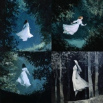 **phantom woman with a white vaporous dress floating between the trees melancolic, gouache painting** - <@1282363709964025901> (fast)