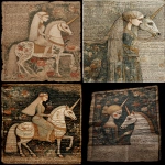 **illuminated voynich manuscript, an elegant elven maiden, a graceful white unicorn, soulful eyes, rick-rack hair, intermingled with handwritten text, bright colours, faded parchment, negative space --ar 3:4 --stylize 200 --v 7.0 --draft** - <@1086927454209314856> (relaxed)
