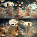 **a dreamy Mid-Autumn Festival scene, featuring Chang’e the moon goddess dressed in flowing traditional hanfu, gently spraying an elegant transparent perfume bottle with no label, standing under the glowing full moon; background of luminous clouds, floating lanterns, and soft blooming flowers, atmosphere of "花好月圓" with romantic circular motifs, palette of moonlight silver, soft gold, and deep midnight blue, cinematic lighting, refined mystical mood, no smoke, no fog, premium editorial fantasy photography --ar 9:16** - <@1090872516857299025> (fast)