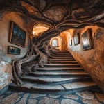 **ancient fortress grand stairway, twisted tree roots on ceiling with elegant stone floors, tree roots stair banister railing, paintings on walls, sunset lighting, 8k detail, shot on a Sony Alpha a7 III camera --ar 9:16 --v 6.1** - Image #2 <@941416877790486558>