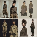 **barnsley fern In the style of Brian Froud ; the creature has dark hair pulled into a high, neat bun, with loose strands softly framing the face. They wear oversized, draped tops in muted earth tones that hang loosely over wide, gathered pants. chokers, and large hoop earrings add bold visual detail to the look. Heavy platform boots ground the outfit with a solid, utilitarian feel.** - <@1018138887199129620> (fast)