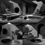 **dnd; b&w woodcut in the style of albrect durer; stone egyptian temple room; a large winged sphinx lies on a platform against the far wall; a round well in the center of the room overflows with water; water flows away from the well in a trough in the floor --v 7.0** - Variations (Strong) by <@771747841559232613> (fast)