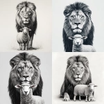 **photo realism. Black and grey design. Male lion posing with a sheep. Sheep is standing in front of lion with lion head towering over. Both animals looking at camera. Clean lines, clean shading. White background --v 6.1** - <@651578269954736176> (fast)