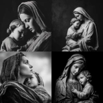 **mother Mary holding young Jesus embracing. Jesus looking up to mother Mary black and white photography --v 7.0** - <@819073620625981460> (fast)