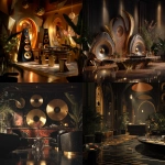 **Surrealism 1980s abstract luxury music lounge, black gold brown colors rich colors, luxury, hd quality , vinyl showing, low lighting, tall abstract speakers, vinyl records , bar lounge included , high quality, clear record shaped table, plants,** - <@951239260281913364> (fast)