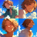 **A close-up portrait of Yosuke Hanamura from Persona 4, in a bright and cheerful summer atmosphere. He is smiling softly under a warm sky filled with blue and white clouds. The lighting is golden and radiant, casting soft highlights on his face and hair. The background evokes a breezy summer day, enhancing the lighthearted and youthful vibe. Rendered in the style of Rella soft, clean lines, expressive features, and beautiful, luminous shading. Use warm tones throughout the composition, with a gentle glow and elegant color transitions. Focus on his gentle eyes and light brown hair moving slightly in the wind. --niji 6** - <@762679659153850410> (fast, stealth)