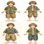 **a anime cartoon of a Neutral base body type of a 19-year-old European boy, short brown hair, wearing a a classic zookeeper outfit, khaki shirt with rolled-up sleeves, matching khaki shorts, barefoot, standing with arms down and arms open, looking directly at the camera, neutral pose and expression, no background, simple and minimal, reference base body suitable for boy and girl --ar 9:16 --stylize 750** - <@409716268476923920> (fast)