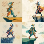 **Tarot card illustration. A whimsical jester in colorful motley walks forward toward the viewer, head held high, carefree and unaware. His foot is just about to step off the edge of a steep cliff in the foreground. His expression is cheerful, innocent, and oblivious, symbolizing risk and naivety. The background is minimalistic yet symbolic--an open sky with faint esoteric patterns like stars, circles, or subtle mystical geometry. Style is surreal, dreamlike, and simple, resembling classic tarot card art with bold outlines and symbolic, flat colors.** - <@189255832385486848> (fast)