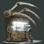 **<https://s.mj.run/RPB10xaI5sU> <https://s.mj.run/d1H4FMHfV6g> <https://s.mj.run/c3HcVbEyS6M> a battleangel in a futuristic scientific city standing at a corner in front of a monstrous oversized biomechanical claw machine with an huge clamp inside. illuminated, in the night --v 7.0 --ar 3:4 --s 750** - Image #1 <@1065590027356213338>