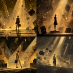 **Ultra-detailed digital illustration, cinematic composition, a 19-year-old young fashion designer standing alone on a runway, dressed in minimalistic chic clothes, confident posture, spotlight shining on him, silhouettes of luxury bags floating around as symbols of success, background filled with golden sparkles and abstract shapes representing luxury, high-fashion atmosphere, dramatic lighting, powerful and inspiring mood, editorial style, no text** - <@1402688003251507354> (relaxed)