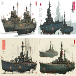 **a dnd style concept art with Ashley Wood details of two feudal japan wooden and old iron nuclear powered destroyer boats, Japan Taisho era armada, have different number in the hull, same size but not identical, dark industrial scifi style, labeled as fleet's best boats, black-sand color with navy accents and small hi-viz lime and red hazard markings, mechanical details, Japanese characters graffiti on the hulls, realistic look, moody atmosphere, a little bit foggy, signal towers, various size nobori, various size lanterns, robotic-mechanical arms, have japanese anime mural on the hulls, signal cabbles, on a white background in the style of Studio Ghibli and Makoto Shinkai, cel-shaded, full-body, cartoon, 2D game art --ar 11:5** - <@1043498067623686144> (fast)