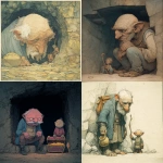 **a wrinkled, very old and grotesquely ugly man with a large child-like head, lives in a cave and guards a treasure, simple, muted colors, reinhardt michl, --v 7.0** - <@572882080099467274> (fast)