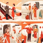 **Pilot and stewardess greeting people on the airplane steps, cute commercial illustration in light white, beige, orange and bright red tones, add Christmas atmosphere and snow --v 7.0** - <@1178911175929499672> (fast)