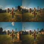 **Image from slightly above eye level: a 10-year-old boy wearing blue shorts and an ochre t-shirt stands on a lush green park lawn, mid-action as he throws a baseball directly toward the viewer. A baseball glove is on his hand, and the ball floats mid-air above him. He is looking directly at the camera. Natural sunlight with soft shadows illuminates the scene. The background features a clear blue summer sky, distant trees, and buildings along the horizon. Full-body view, professional color grading, clean sharp focus, no grain, cinematic quality. Shot with a Sony Alpha A7 III and Zeiss ultra-macro lens, f/2.8 aperture, high resolution:: --aspect 16:9 --s 250** - Zoom Out by <@1220830039520841890> (fast)