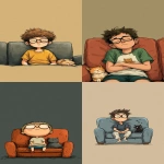 **funny very tired boy with eyeglasses in t-shirt sleeping on sofa, very simple catroon style, solid background --ar 9:16** - <@409716268476923920> (fast)