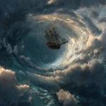 **a flying pirate ship diving through the air, dropping towards a whirlpool oceaen vortex, wild storm, fantasy art** - Image #1 <@758604467146588180>