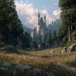 **Cinderella-inspired landscape, the castle can be seen in the background, realistic scene, high details, cinematic style --v 7.0** - Image #1 <@1083746911070191616>