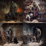 **a dark gothic horror dnd style painting of an 8 foot tall terrifying, mutant zombie ogre, blacksmith, with a rabid zombie dog stood next to him, the scene should be set in a renaissance style blacksmith workshop. The scene should resemble a gothic renaissance horror oil painting** - <@545090802750324757> (fast)