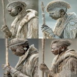 **a regal Afrofuturist griot woman emerging from the reimagined Harlem Renaissance, wearing a layered cloak of fiber-optic threads and tattered 1920s velvet, chrome skin tattoos shaped in Yoruba fractals, braided crown interwoven with silver wire and pulsing LEDs, bioluminescent face markings synced to her breath, holding an obsidian staff topped with glowing glyphs, sleeves inscribed with holographic jazz poetry, earrings shaped like satellite dishes, cinematic portrait lighting, deep shadows and reflective textures --ar 2:3 --v 7.0 --s 350 --q 2 --p z4f83u2 --raw** - <@997245562065789039> (relaxed)