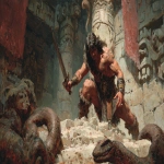**conan the barbarian in an attack pose ready to strike a large snake in an ancient temple. Frank Frazetta style. --ar 16:9** - Image #2 <@1014741768799006751>