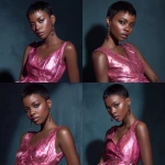**dark skinned African American model in a mini shiny pink dress with pixie cut tapered hair style** - Variations (Strong) by <@1124019347283775508> (fast)