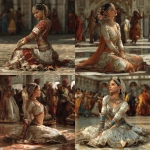 **a graceful court dancer in a traditional mughal style palace. high detail photorealistic. adhering to fashion customs of 17th century indian subcontinent. she is seated on the floor in a graceful pose in the court with people around her** - <@1182369479406125166> (fast)