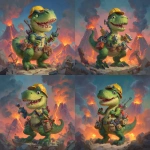 **a green Tyrannosaurus rex cartoon, wearing a construction hat, smiling dinosaur, holding power tools, volcanoes in the background --v 7.0** - Variations (Strong) by <@613776001259798675> (fast)