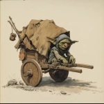 **In a dungeons and dragons and Frank Franzetta art style, a scared crying goblin hiding under an old dirty tarp on a two-wheeled medieval cart --v 7.0** - Upscaled by <@478047972412620803> (fast)