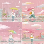 **Focus on the tiny puddles reflecting sky + sneaker + umbrella. A cute muslim girl (wears hijab, white lacey long sleeve, loose denim) walking under the rain, happy posture, Illustration that portrays 'Find beauty in every drop'. minimalist sketch, pastel tones, delicate watercolor sketch, dreamy setting --sref <https://s.mj.run/9oXGDuP3Iio> <https://s.mj.run/UzJ0sblo3Oo> --v 7.0 --ar 2:3** - <@1101506216070479952> (fast)
