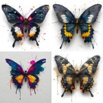 **non-realistic illustration of a dark watercolor butterfly , white background , abstract and dark color , lot of splash of color --s 250** - <@1087918721076564069> (fast)