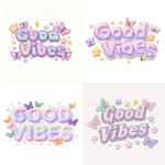 **bubble font text saying ‘Good Vibes’ with butterflies, stars, pastel gradient, chrome border, Y2K aesthetic SVG vector, simple lines, clean shapes, transparent background" --v 7.0 --p pf3gkih** - <@1296740852995198999> (relaxed)