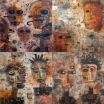 **dense abstract symbolic painting with layered ancestral mask-like figures, earthy ochre, rust, clay, sand and charcoal palette, highly detailed hand-drawn markings, dotted paths, spirals, tally marks, ritual symbols, and connective lines weaving through faces, busy textured background with faded ghost symbols and overlapping forms, ancient storytelling map aesthetic, raw canvas texture, imperfect organic lines, visual depth and complexity, sacred and mysterious, intentional chaos, tactile surface --ar 3:4 --raw --v 7.0** - <@1133084267879088158> (fast)
-# Create, explore, and organize on [midjourney.com](<https://midjourney.com/imagine?from_discord=1>)
