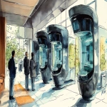 **<https://s.mj.run/Nlu3ItpiLmk> <https://s.mj.run/5Zwnb5PDQNM> an illustration using black pen and watercolour, loose sketchy watercolor and black pen illustration of a futuristic healthcare waiting room where people are scanned and then led by robots that are human like to individual weelnes pods, the style is country farmhouse with a fireplace meets zaha hadid organic futuristic architecture highly detailed --ar 16:9 --v 6.1 --s 250** - Image #1 <@999895176619237436>