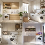 **modern apartment laundry room, one washing machine, sink, cabinets, light color palette, potted flowers, laundry products on shelves, clean and minimal design, bright natural light, cozy and organized, realistic, frontal view --v 6.0 --ar 4:5** - <@1095141824018010255> (fast)