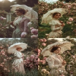 **a woman in a victorian dress holding a lace parasol, standing in a blooming garden, soft lighting, pastel tones, vintage aesthetic, 19th century style, --v 7.0 --ar 2:3** - <@1220222620444659733> (fast)