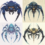 **Spider character design, stylized robotic spider with 8 legs, full-body, front-facing symmetrical pose. Recognizable spider anatomy with centered silhouette. Matte segmented armor plates with soft metallic finish and clean shapes. Integrated glowing patterns inspired by Ori and the Blind Forest, subtle bioluminescent lights on joints and body. Calm, composed expression. Color palette: cool greys and dark teals with glowing cyan and soft amber accents. 2D concept character design, digital hand-drawn shading, flat stylization. Clean white background. --niji 6 --ar 3:4 --stylize 800** - <@1003811725935648900> (fast)