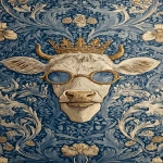 **<https://s.mj.run/0GMbnBQLfYo> william morris wallpaper design of humanoid cows wearing sunglasses and wearing a crown, using 3 colours only --no birds --iw 3 --ar 13:25 --v 7.0** - Image #2 <@1103975769467789322>