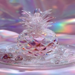 **a highly detailed crystal pineapple art piece, shaped like a ripe pineapple made entirely of translucent gemstone, iridescent rainbow reflections, sparkling diamond-like textures, placed on a clear glass plate, surrounded by crystal droplets, soft pastel lighting, dreamy glossy aesthetic, hyper realistic photography, fantasy luxury concept --ar 9:16** - Image #4 <@1240240057374478349>