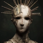 **a front facing mannequin with a few different sized spikes coming from its face, the mannequin has cuts and damage all over its face, male figure, stitches on face, tattered and torn details, dark eyes, very dark background, dark green colors, high detail, horror inspired --v 7.0** - Upscaled by <@702122213033246720> (fast)
-# Create, explore, and organize on [midjourney.com](<https://midjourney.com/imagine?from_discord=1>)