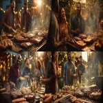 **A cinematic realistic photograph of a group of Latino friends enjoying a festive barbecue, the meat is the hero of the scene. Juicy grilled beef, ribs, sausages, and steaks on the table and grill, with smoke and warm light highlighting the texture of the meat. Friends laughing, serving food, and holding drinks, captured in a natural and joyful moment. Shot with cinematic framing, shallow depth of field, warm golden-hour lighting, Leica camera, Cooke lens. Vibrant atmosphere, modern Latin American setting, cozy outdoor patio decorated with subtle festive lights. High realism, cinematic look, emotional and appetizing. --ar 16:9 --v 7.0** - <@1081350310305468467> (fast)