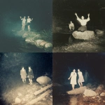 **A realistic, yet grainy, and degraded ghost photograph. This low-light color photograph was taken outdoors at night, likely under a bridge in Hadano, Kanagawa Prefecture. Two young women are seen in the center of the frame. They are standing on a dark rock in the center of the frame, posing with their arms outstretched. The background is very dark, suggesting nighttime. A river can be seen behind them. In one corner of the frame, a small, translucent, ghostly hand appears, grasping a pale-colored rock. The main photograph, likely artificially lit by a camera flash, highlights the man in the dark environment. This darkness, combined with the focus on the man and other details, creates an eerie atmosphere. --v 7.0** - <@1036285603907633172> (relaxed)