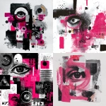 **create an abstract art piece hot pink black and white, with an eye in the middle, some crazy shapes, face abstract, some square and round shapes, half body inside of a all white studio** - <@1240395747078307862> (fast)